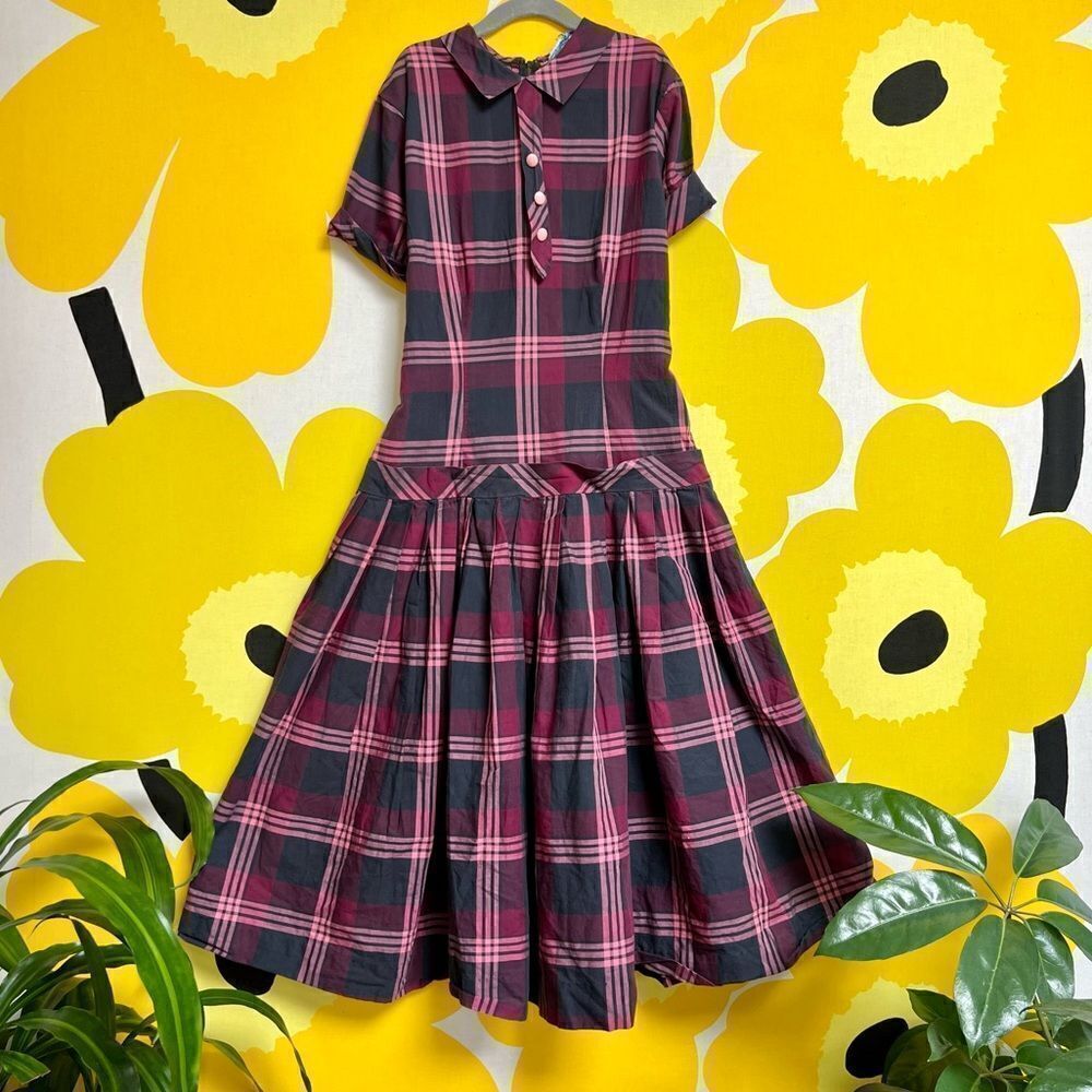 Vintage MCM 1960s Teen Girl’s Plum Plaid Pleated Drop Waist Dress